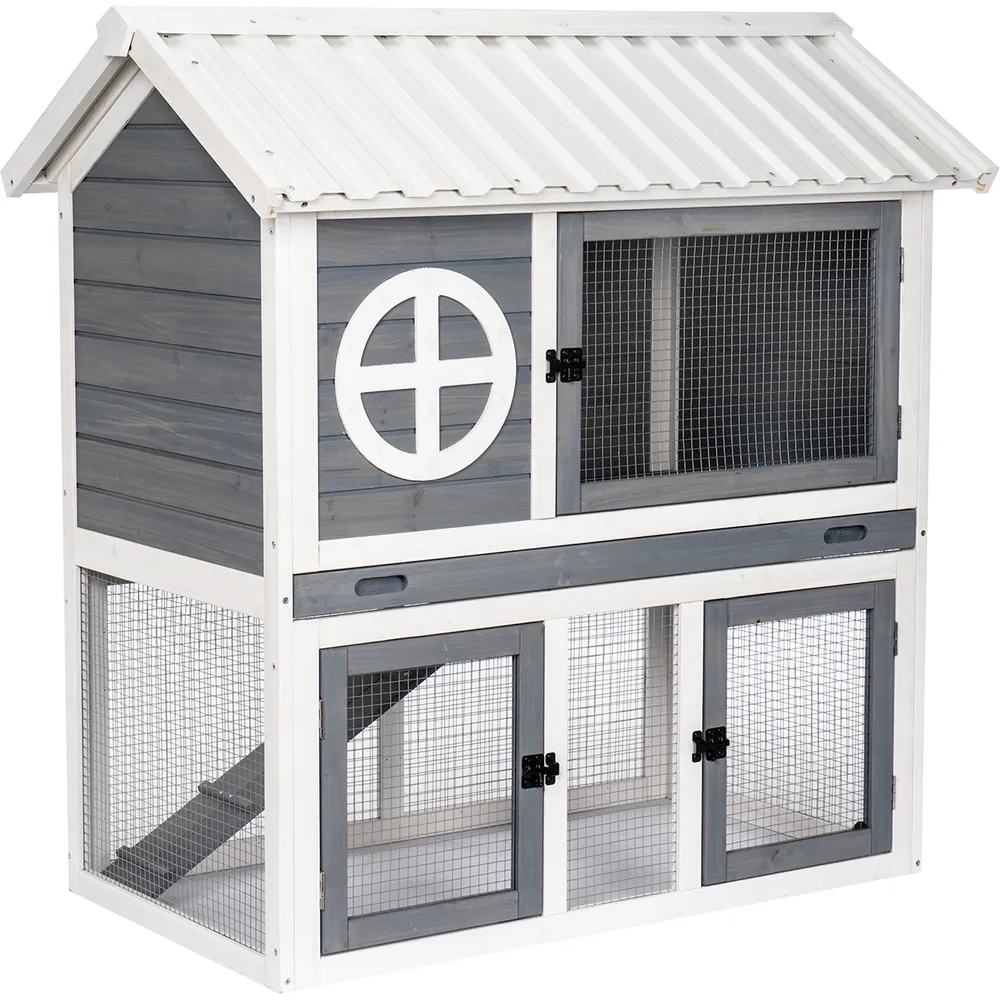 Utendørs kaninbur i tre – 2 etasjer (grå/hvit) 111×70.5×114.8 cm Utendørs kaninbur i tre – 2 etasjer (grå/hvit) 111×70.5×114.8 cm