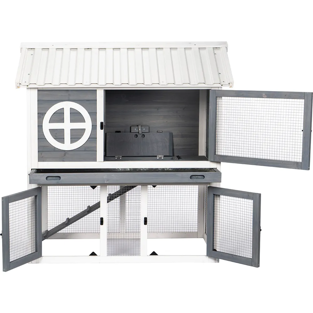 Utendørs kaninbur i tre – 2 etasjer (grå/hvit) 111×70.5×114.8 cm Utendørs kaninbur i tre – 2 etasjer (grå/hvit) 111×70.5×114.8 cm