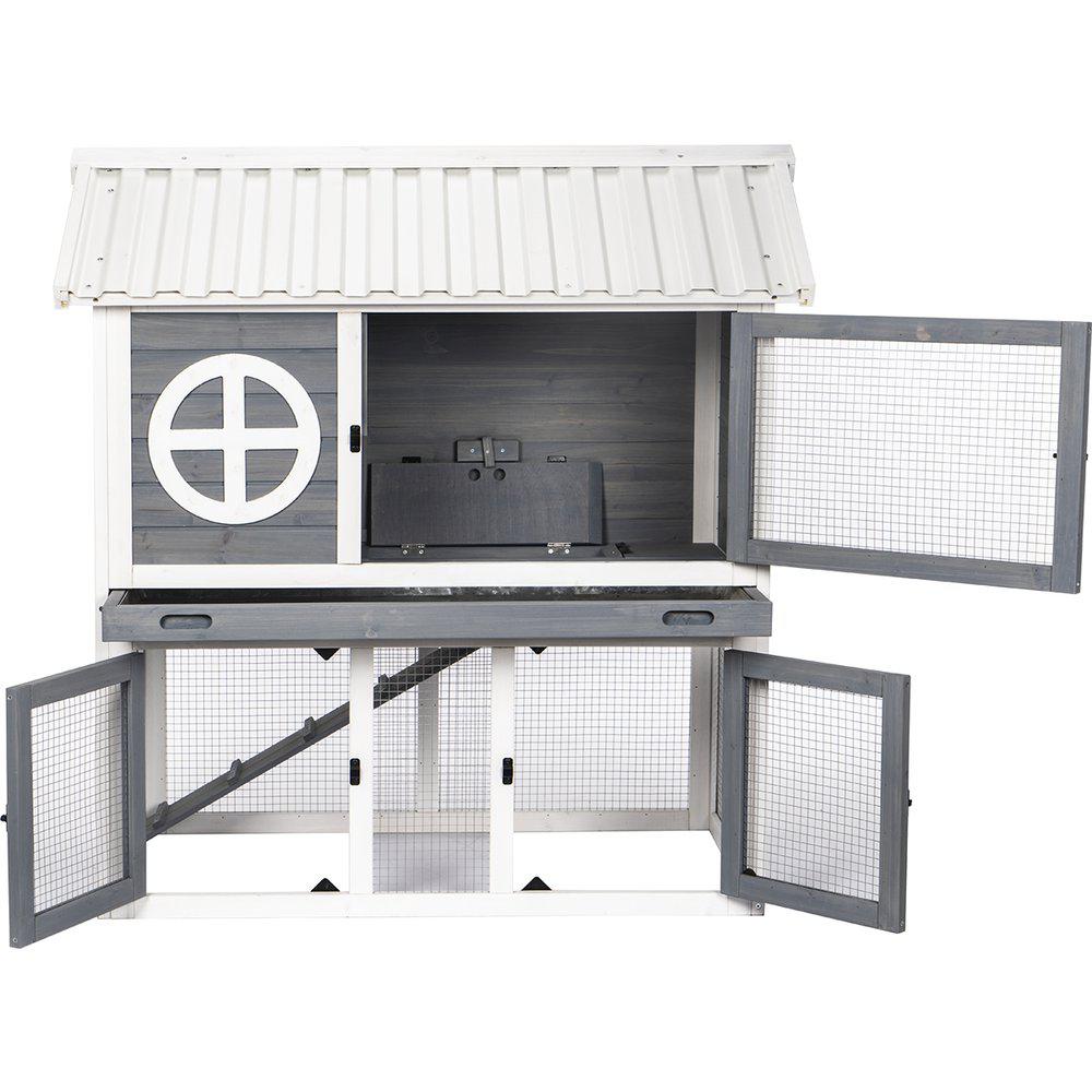 Utendørs kaninbur i tre – 2 etasjer (grå/hvit) 111×70.5×114.8 cm Utendørs kaninbur i tre – 2 etasjer (grå/hvit) 111×70.5×114.8 cm