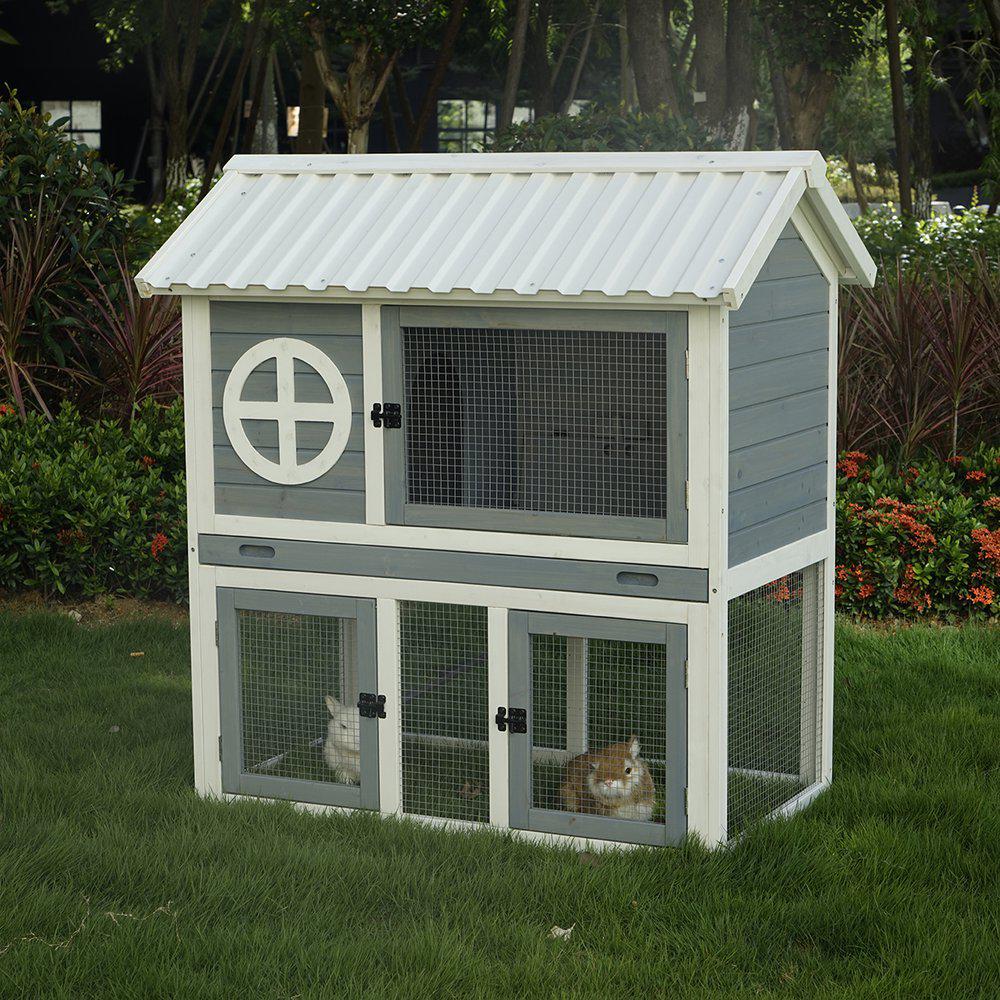 Utendørs kaninbur i tre – 2 etasjer (grå/hvit) 111×70.5×114.8 cm Utendørs kaninbur i tre – 2 etasjer (grå/hvit) 111×70.5×114.8 cm
