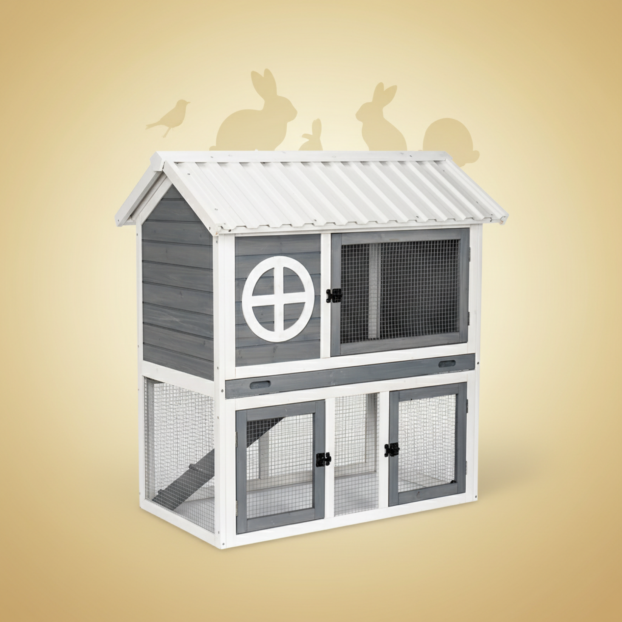 Utendørs kaninbur i tre – 2 etasjer (grå/hvit) 111×70.5×114.8 cm Utendørs kaninbur i tre – 2 etasjer (grå/hvit) 111×70.5×114.8 cm
