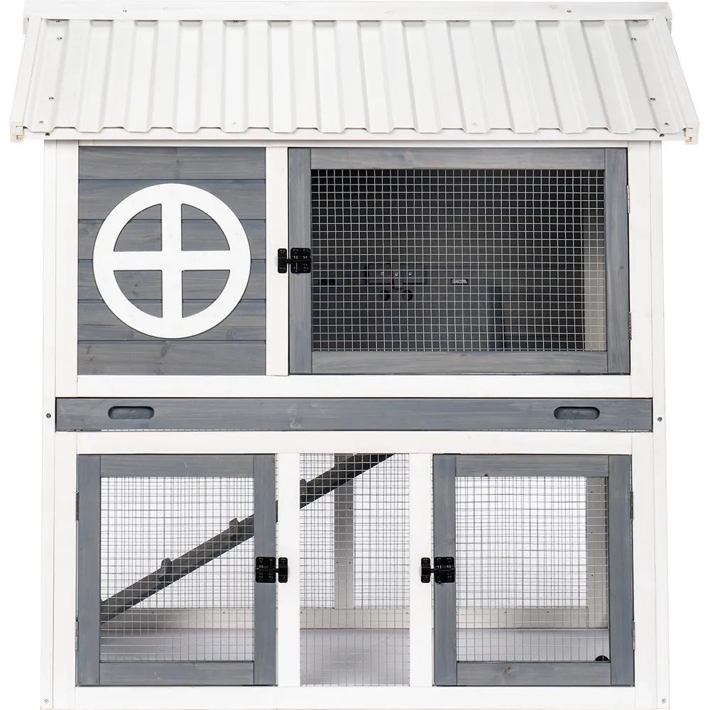 Utendørs kaninbur i tre – 2 etasjer (grå/hvit) 111×70.5×114.8 cm Utendørs kaninbur i tre – 2 etasjer (grå/hvit) 111×70.5×114.8 cm